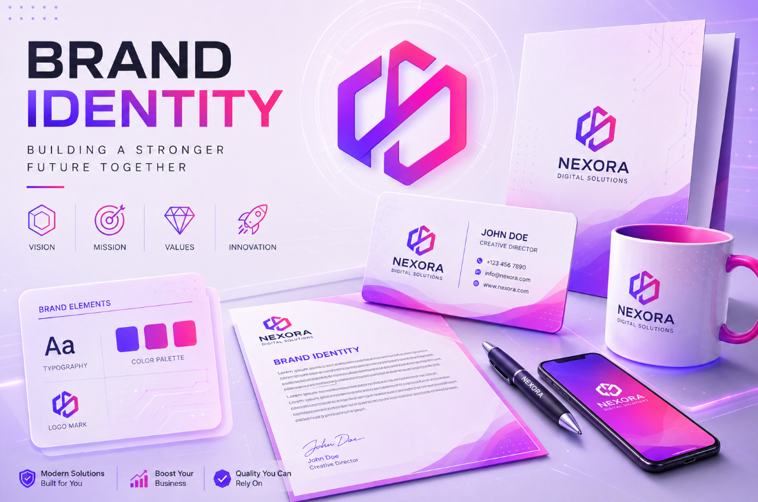 Brand identity design featuring logo, typography, color palette, and visual branding elements