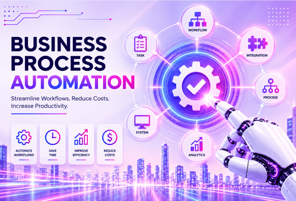 Business process automation services featuring workflow automation, system integration, and digital business processes