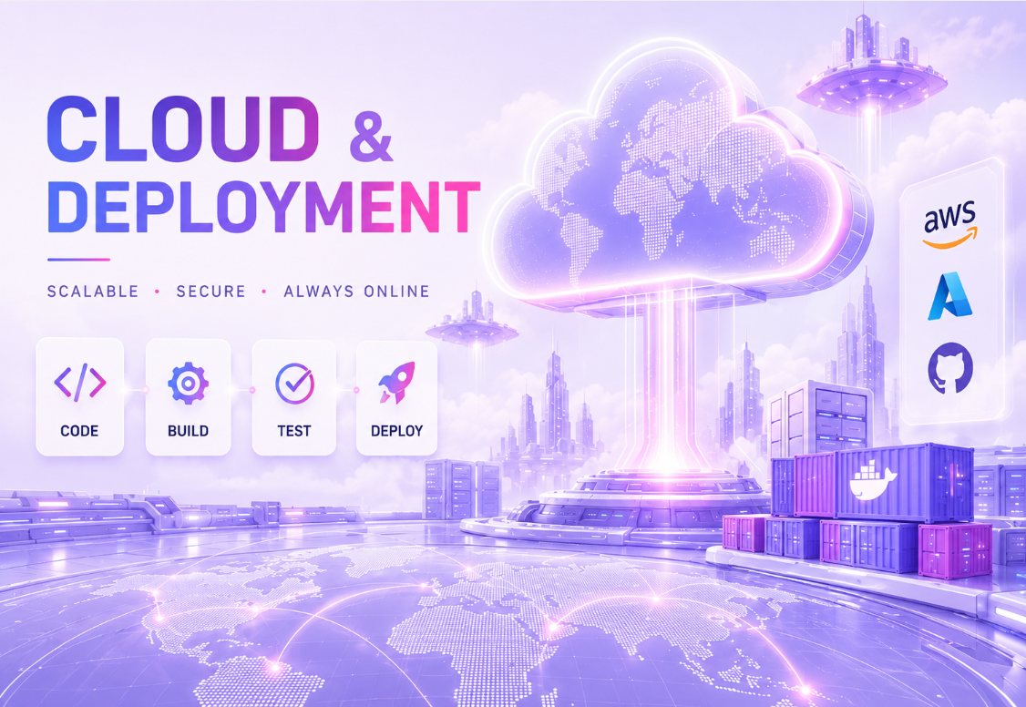 Cloud deployment services featuring secure cloud infrastructure, application deployment, APIs, databases, and scalable hosting