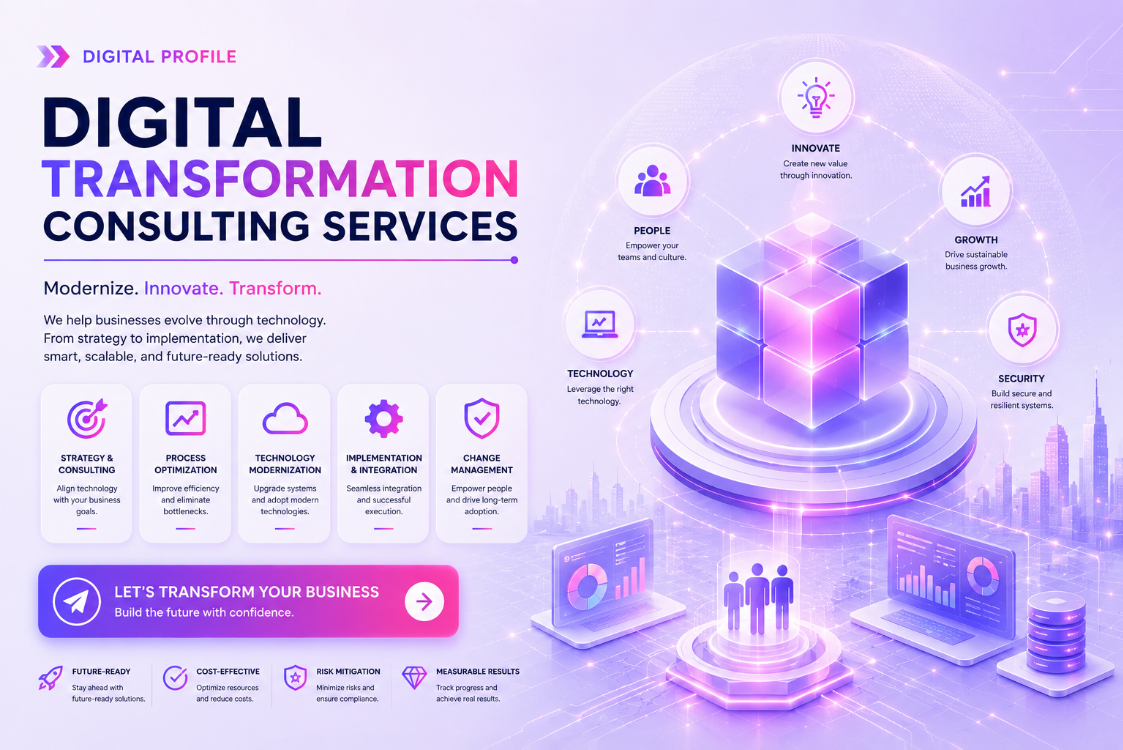 Digital transformation consulting framework showing business processes, automation, cloud technology, APIs, data, and digital systems
