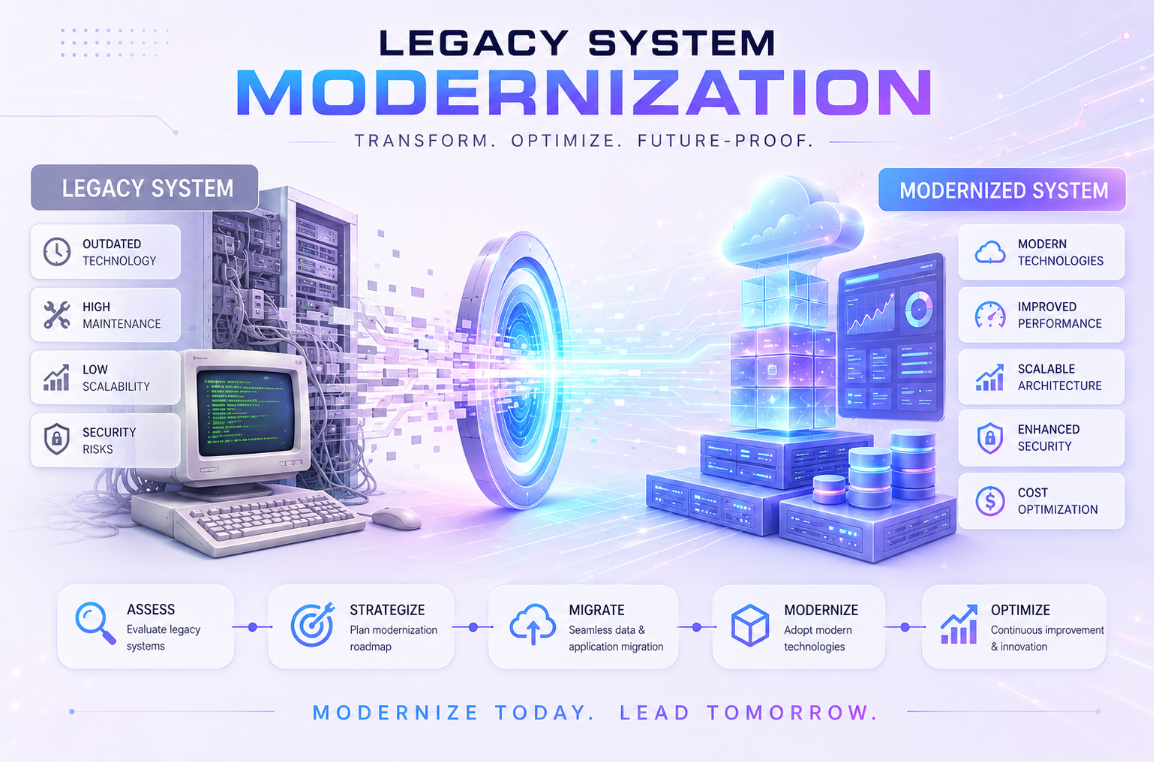 Legacy system modernization services including application modernization, software upgrades, database migration, API integration, and cloud transformation