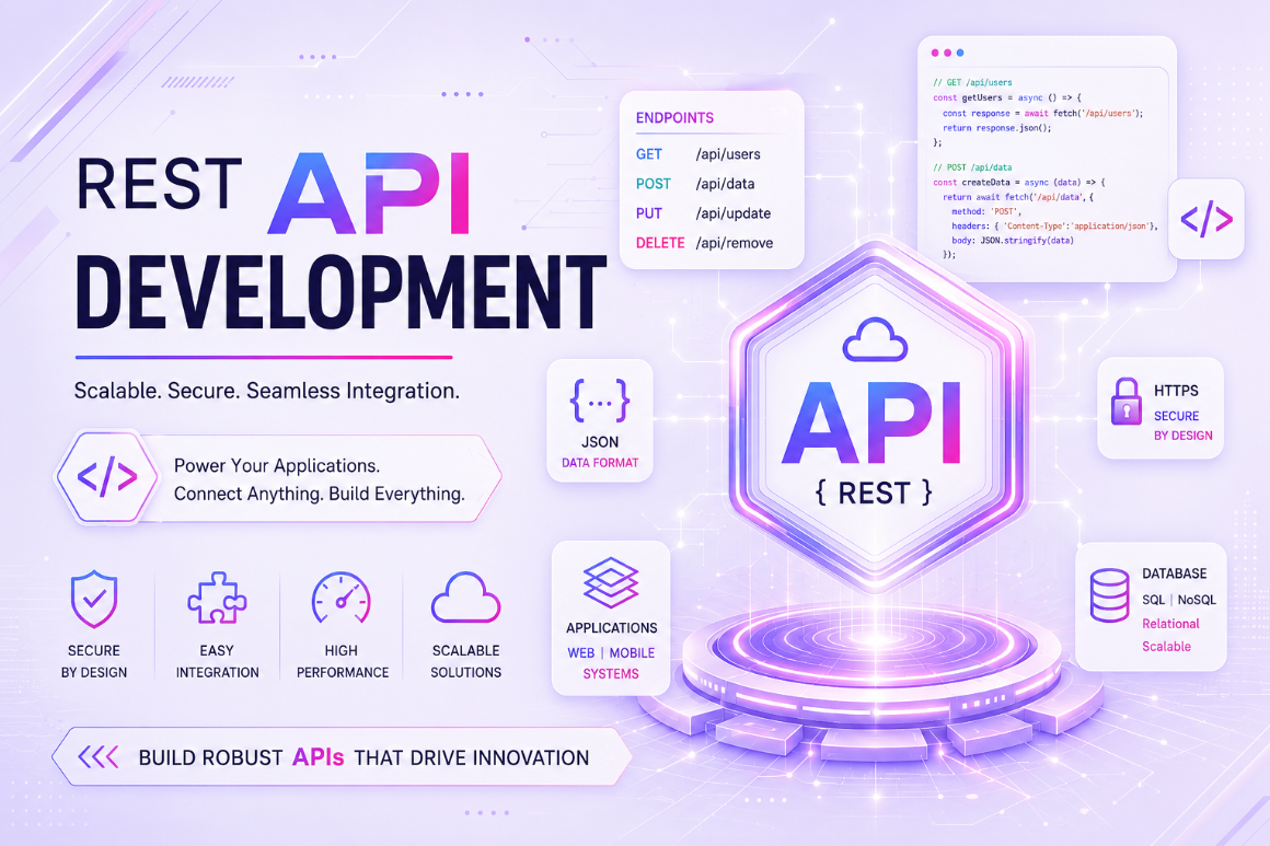 REST API development services connecting websites, mobile applications, databases, cloud platforms, and business systems