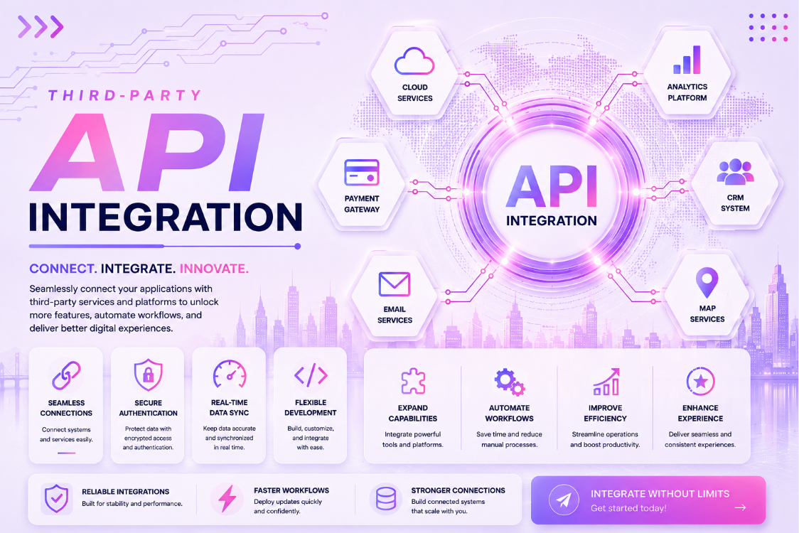 Third-party API integration services connecting external platforms, software systems, payment services, and cloud applications