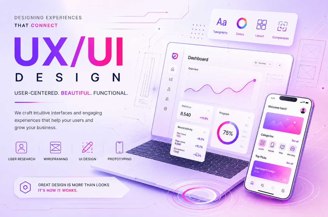UI/UX design services for websites, web applications, mobile apps, dashboards, and business systems