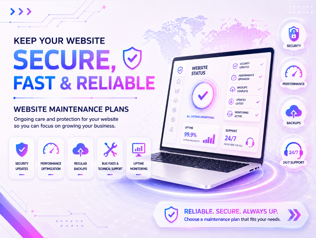 Professional website maintenance plans including security updates, performance optimization, backups, monitoring, and technical support by Digital Profile